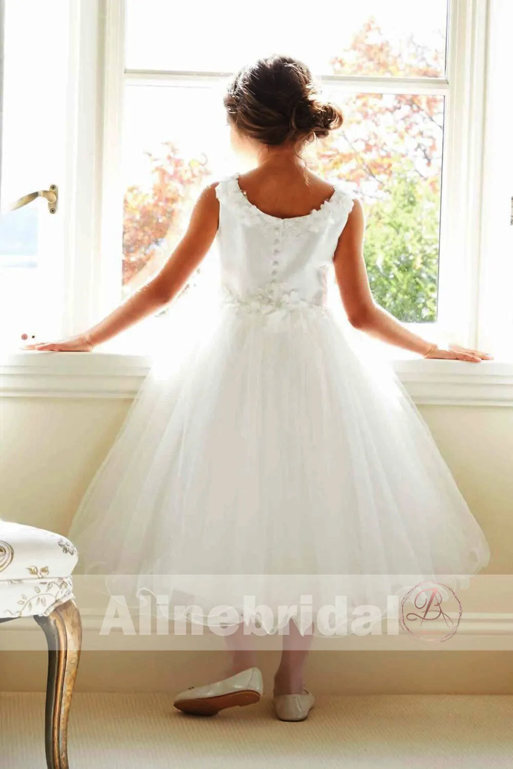 Ivory Applique Tulle Scoop Neck A-line Flower Girl Dresses, FGS097