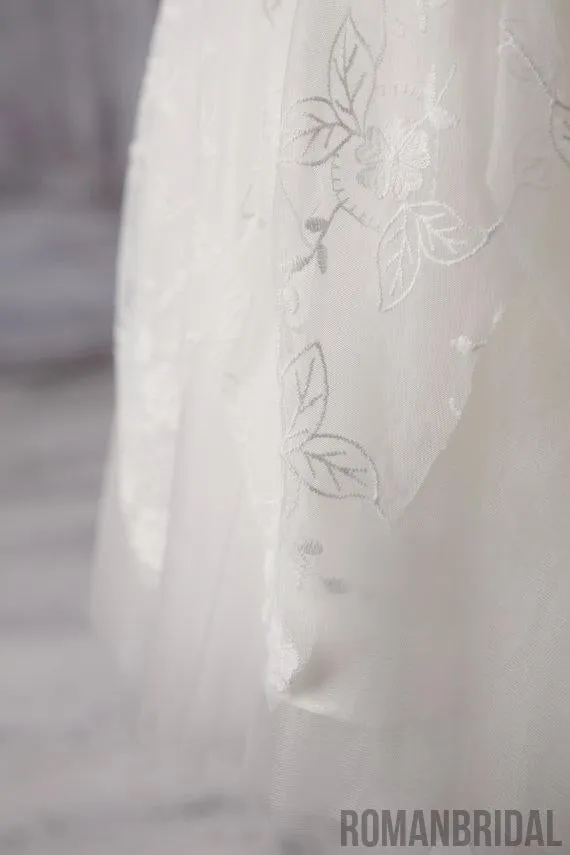 Ivory Cute Lace Tulle Flower Girl Dresses, V-back Cap Sleeve Little Girl Dresses, FG054