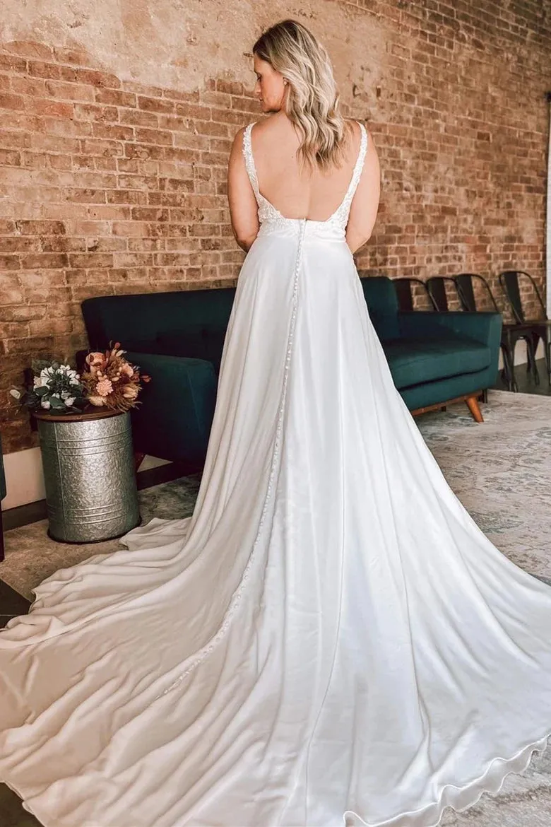 Ivory Floral Lace Open Back Long Bridal Gown Wedding Dresses TN392