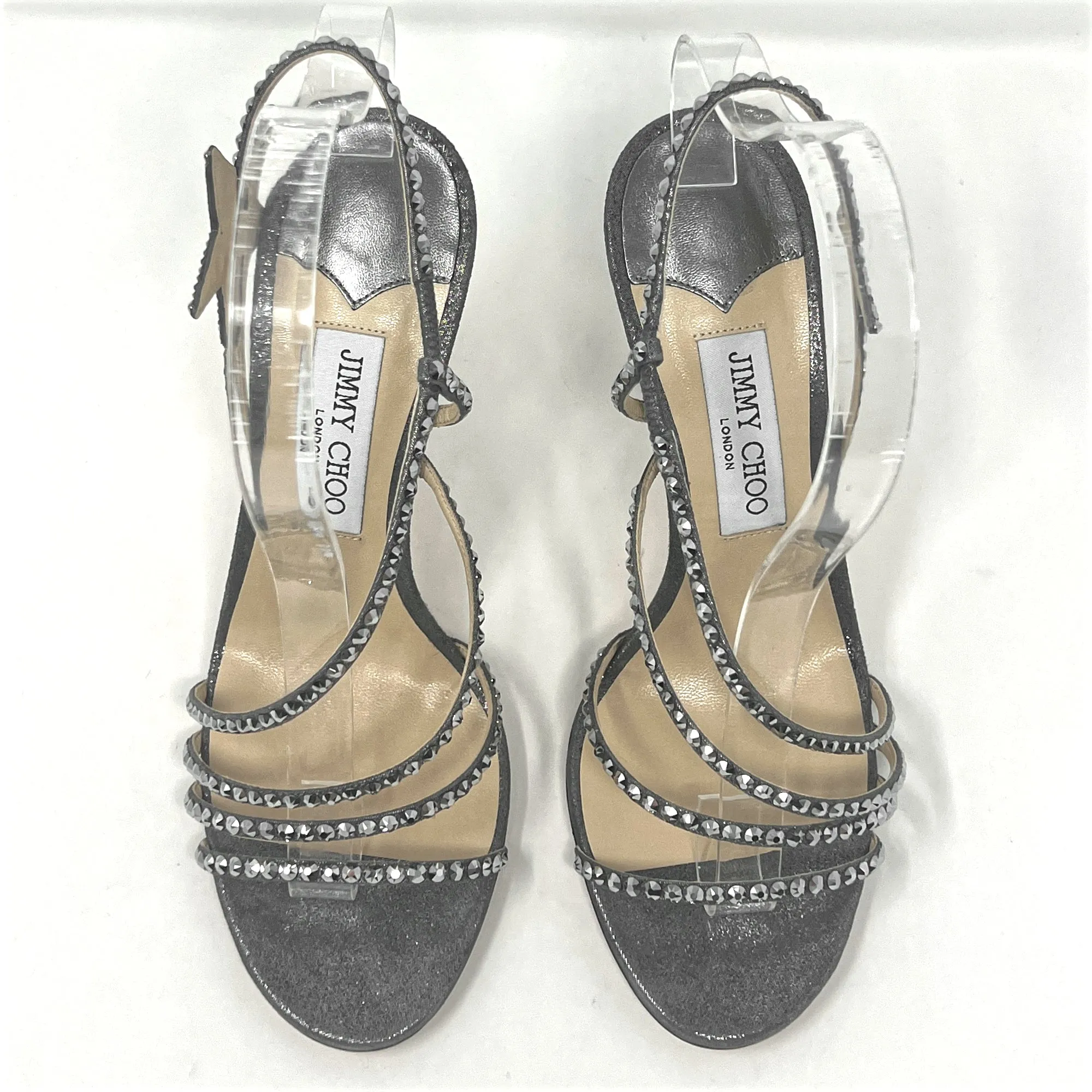 Jimmy Choo Lynn Anthracite Gray Silver Crystal Embellished Star Strap Sandals Size EU 39