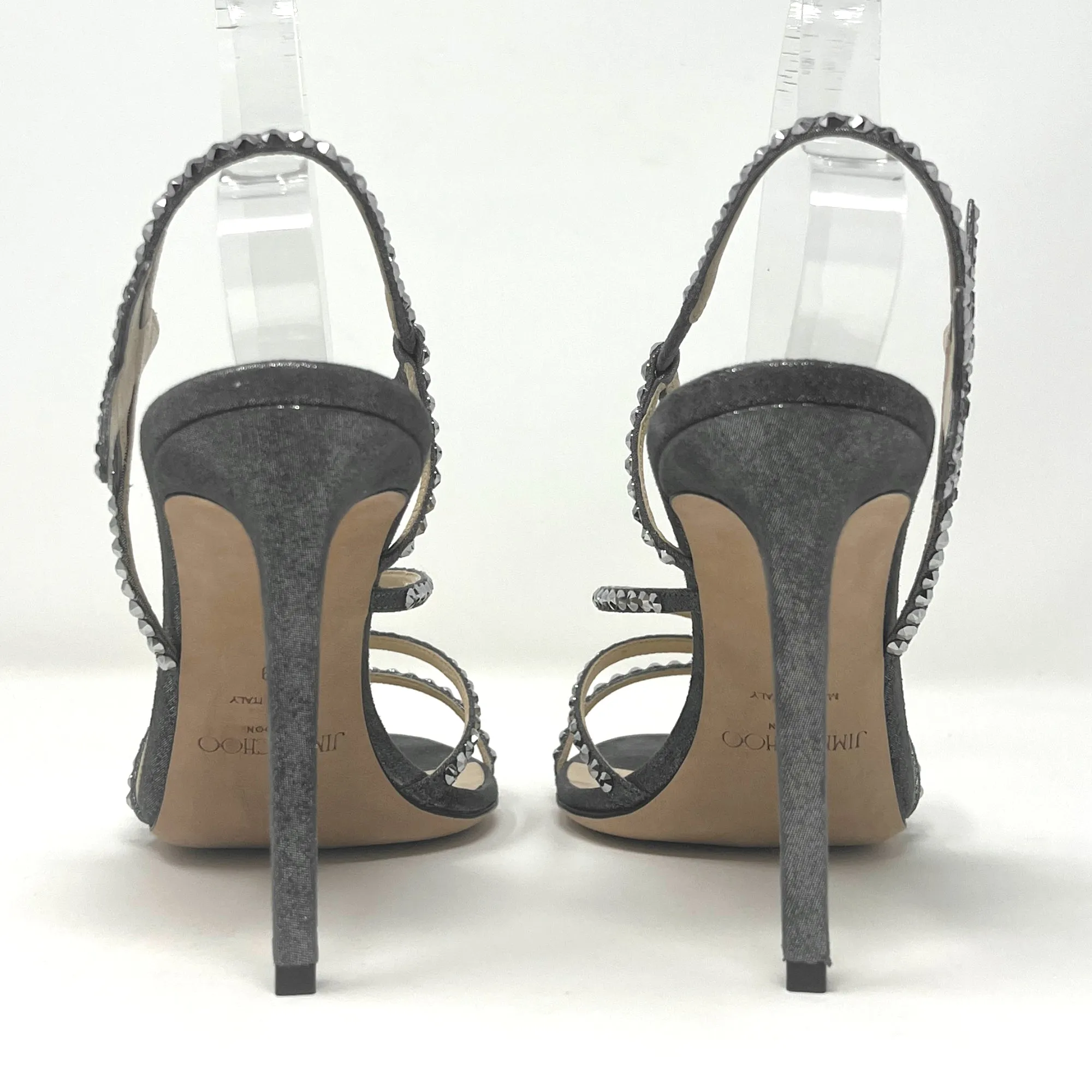 Jimmy Choo Lynn Anthracite Gray Silver Crystal Embellished Star Strap Sandals Size EU 39
