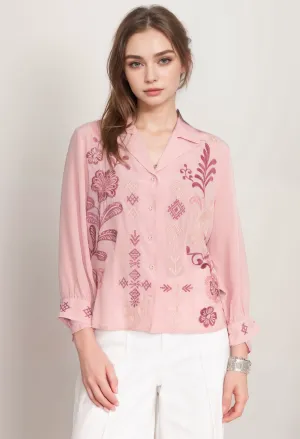 Johnny Was Workshop Vintage Embroidered Silk Cropped Shirt W13424