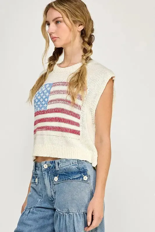 KNIT PULLOVER SWEATER VEST WITH AMERICAN FLAG