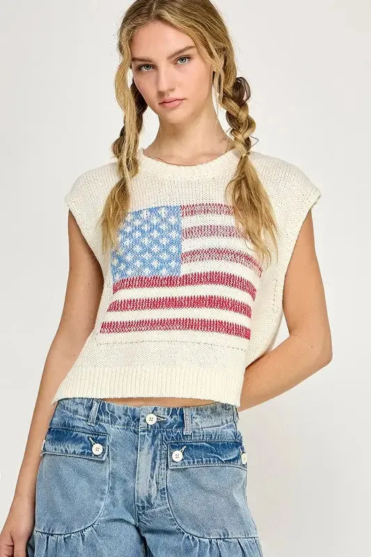 KNIT PULLOVER SWEATER VEST WITH AMERICAN FLAG