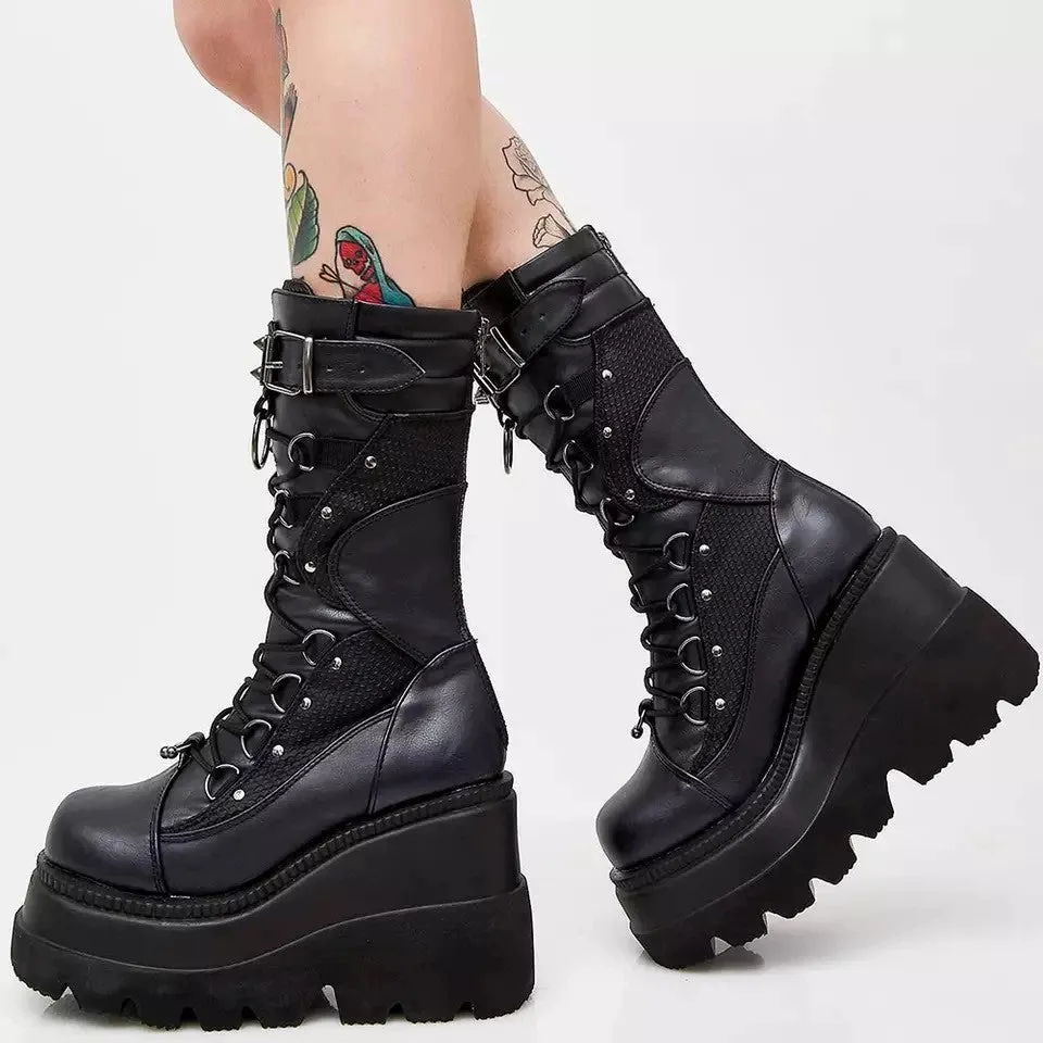 Lace-Up Combat Boot Motorcycle Black Bucke Chunky Boots