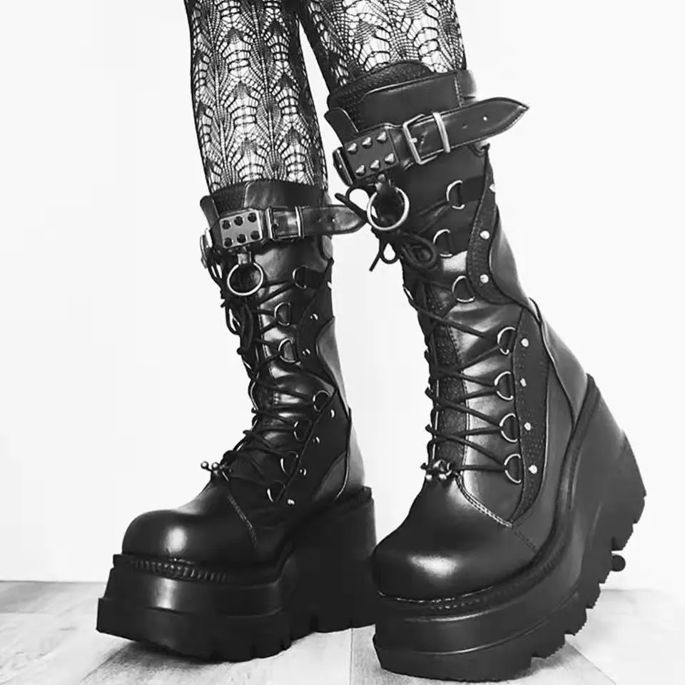 Lace-Up Combat Boot Motorcycle Black Bucke Chunky Boots
