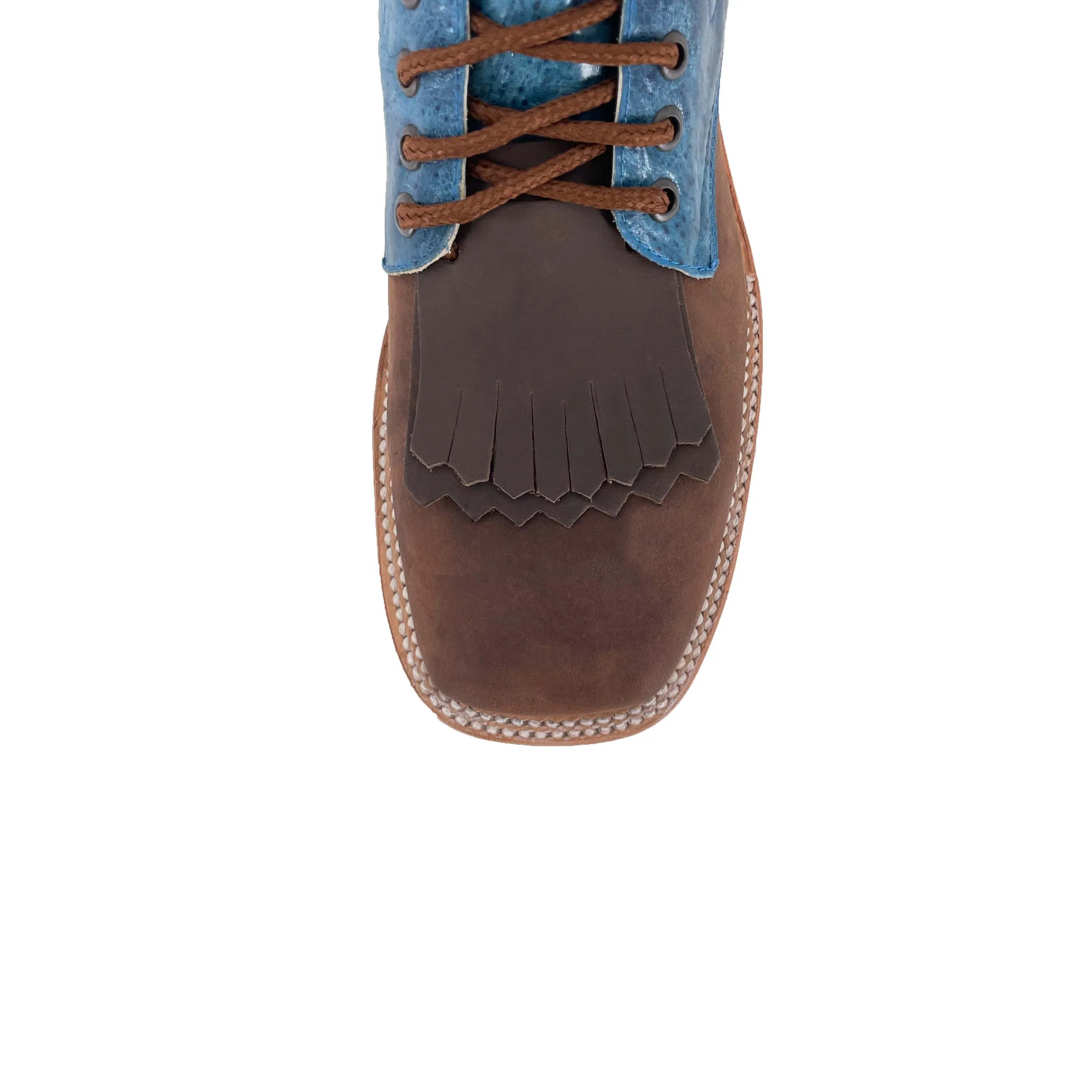 Lace Up Western Men's  Boots - Dark Brown Vamp with Turquoise Calf