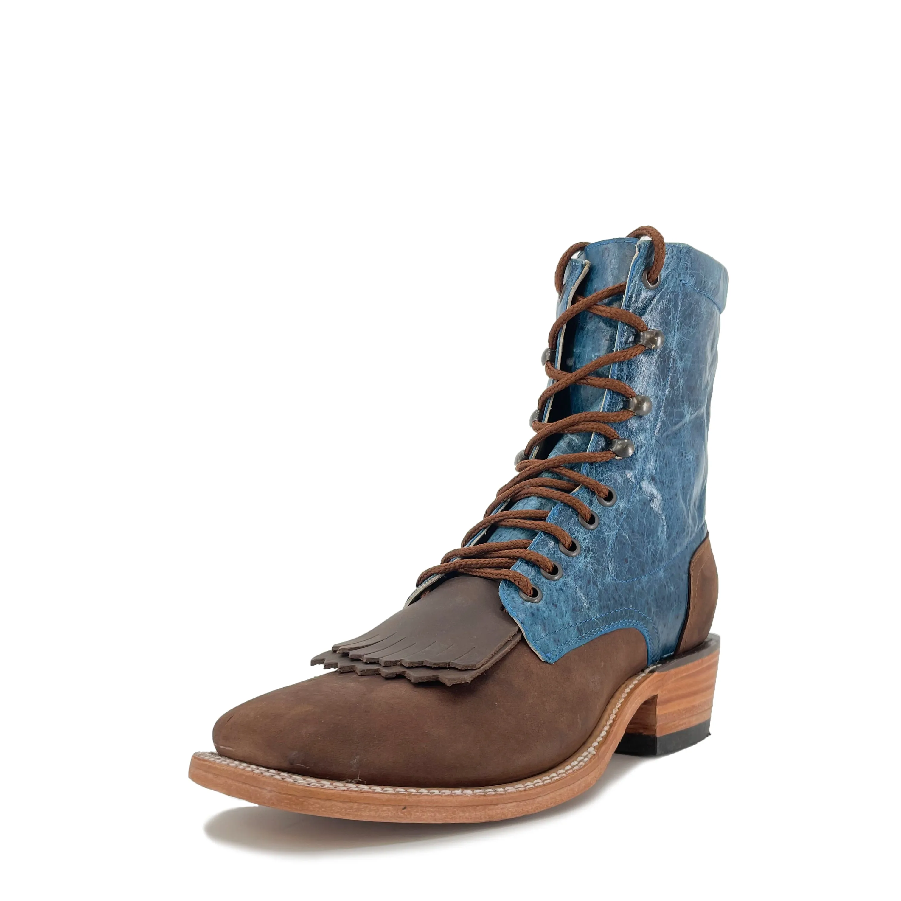 Lace Up Western Men's  Boots - Dark Brown Vamp with Turquoise Calf