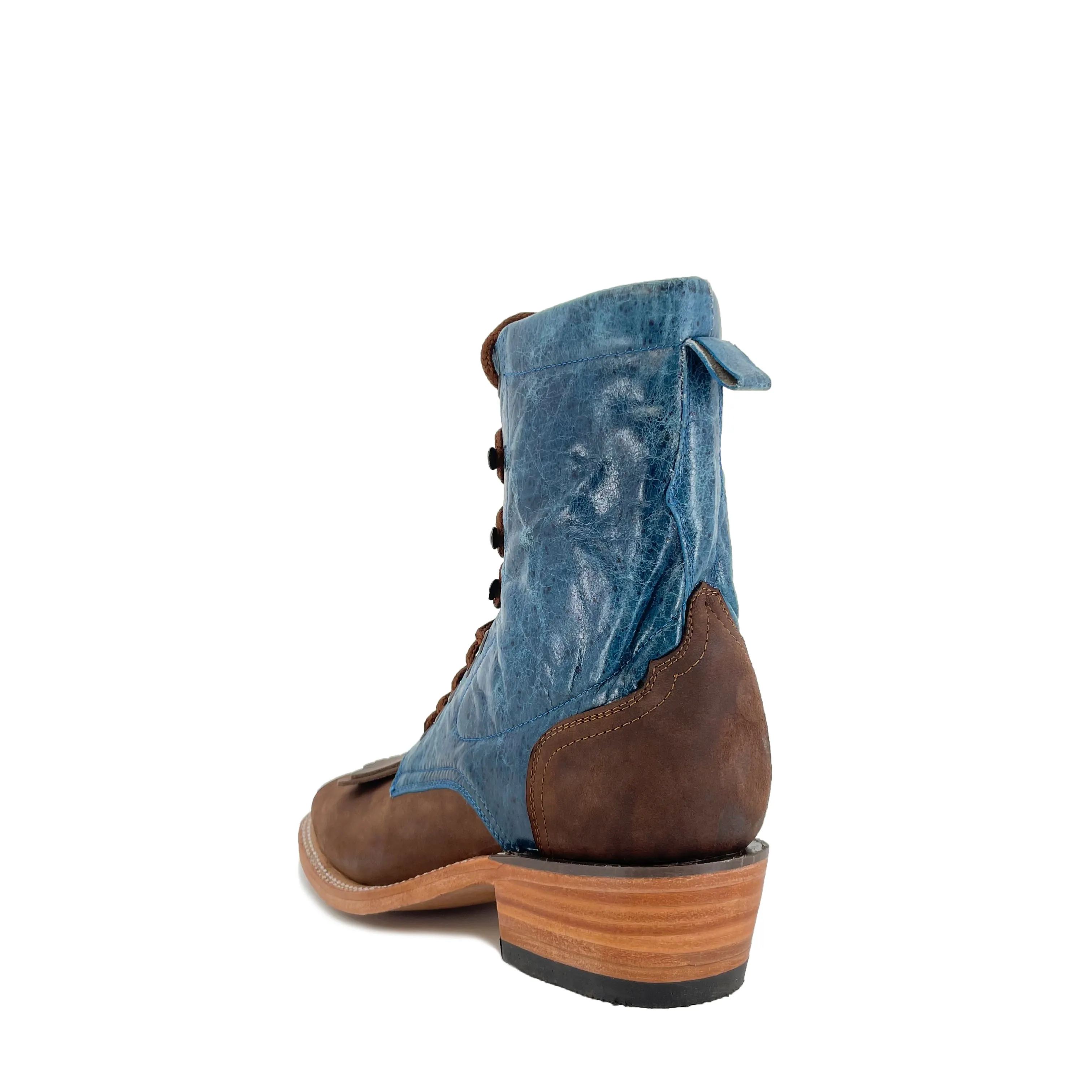 Lace Up Western Men's  Boots - Dark Brown Vamp with Turquoise Calf