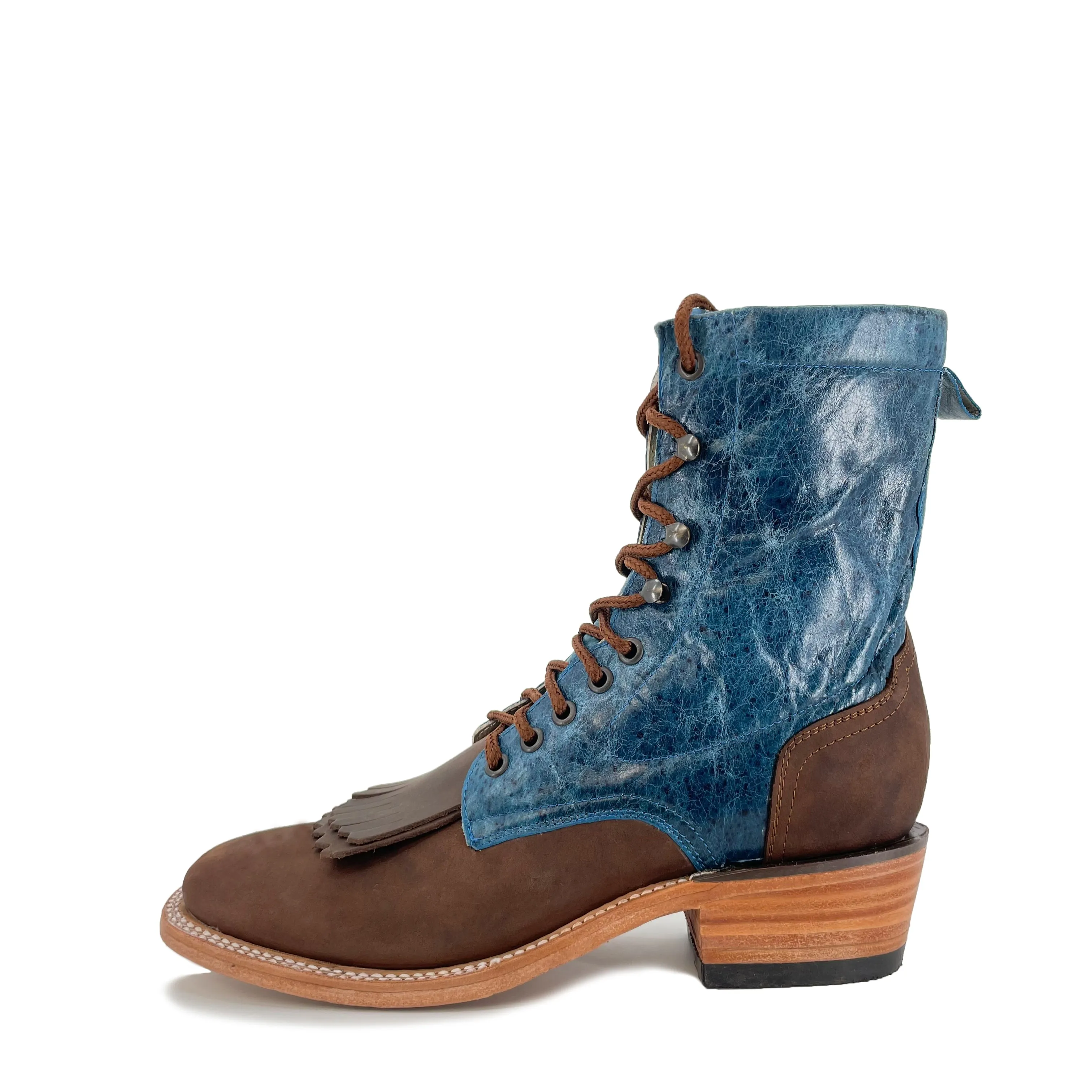 Lace Up Western Men's  Boots - Dark Brown Vamp with Turquoise Calf