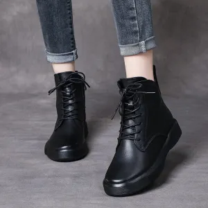 Leather Flat Soft Sole Casual Boots Side Zipper Lace Up Women's Shoes