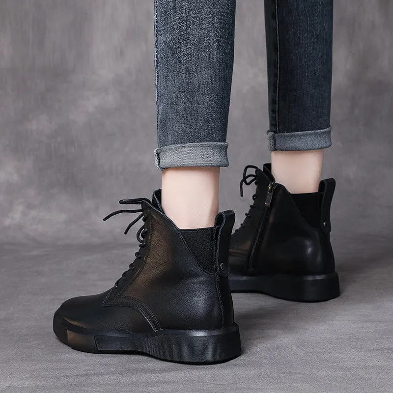 Leather Flat Soft Sole Casual Boots Side Zipper Lace Up Women's Shoes