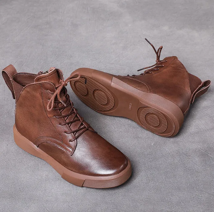 Leather Flat Soft Sole Casual Boots Side Zipper Lace Up Women's Shoes
