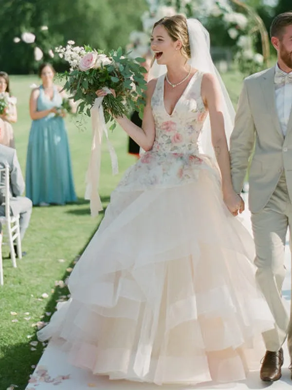 Light Pink Organza Floral Prints Ball Gown Spring Wedding Dresses, AB1527