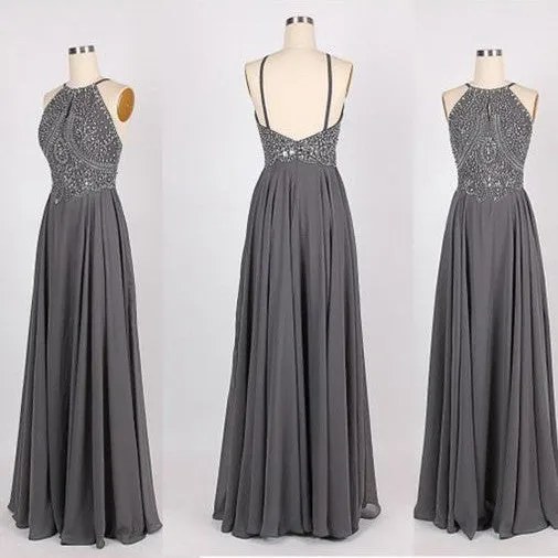 Long Cheap Gray Chiffon Prom Dresses, Popular Evening Prom Dresses,SVD358