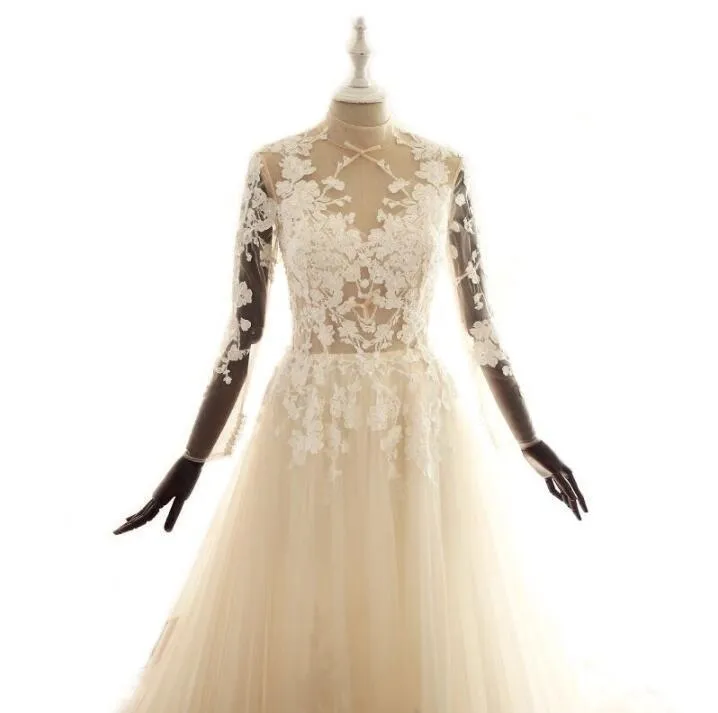 Long Sleeves High Neck See-Through Sexy Unique New Design Wedding Dresses, Most Popular Real Made Bridal Gown, WD0277