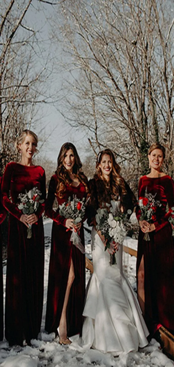Long Sleeves V-Neck Red Mermaid Popular Modest Cheap Bridesmaid Dresses WG631