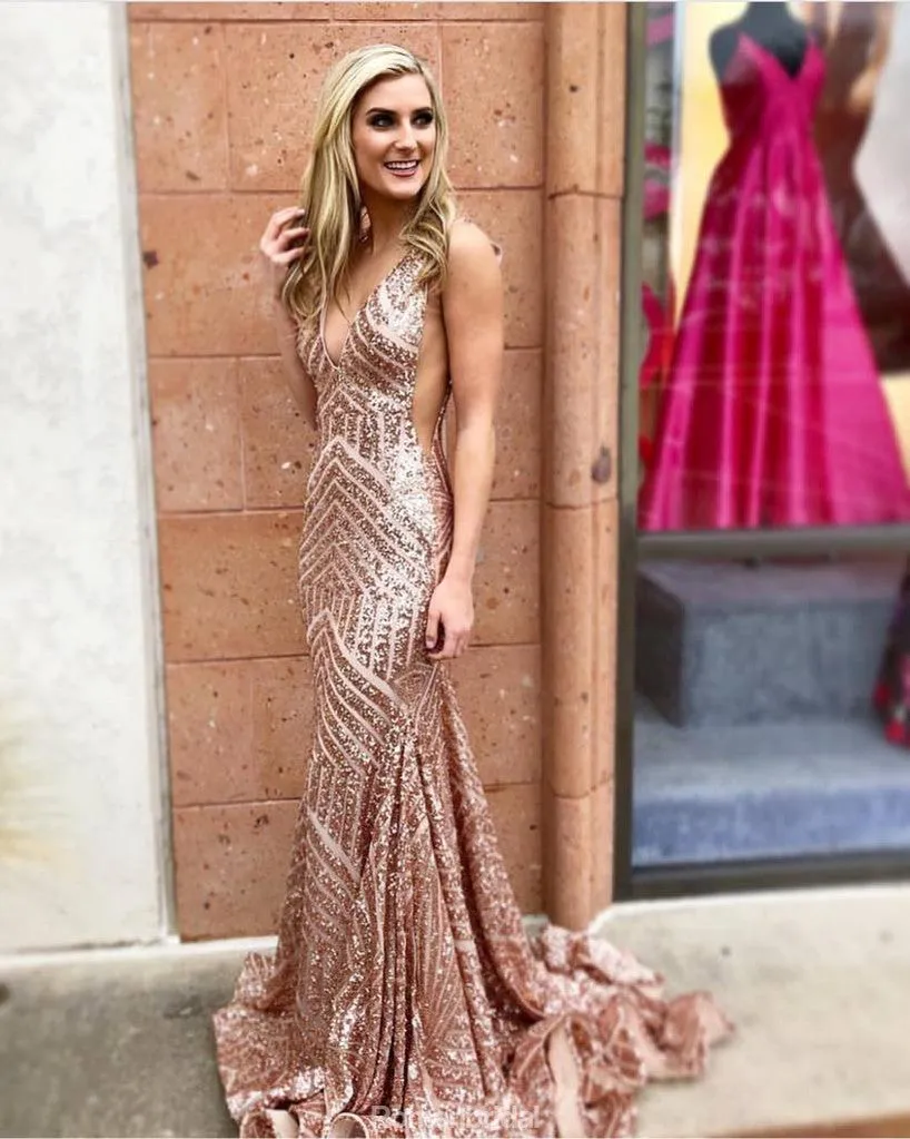 Mermaid Sexy Deep V-neck Backless sequins evening dresses, Popular long prom dresses,  PD0105