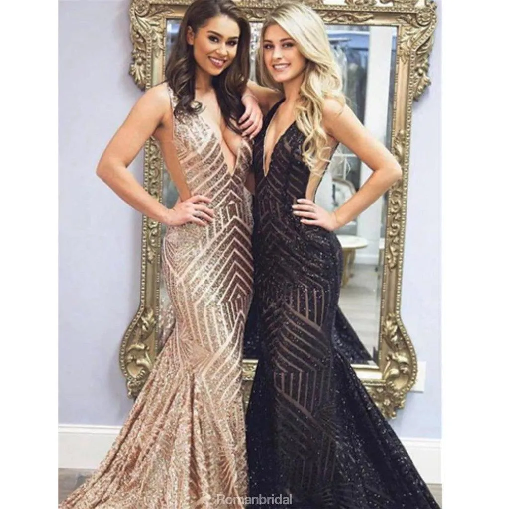 Mermaid Sexy Deep V-neck Backless sequins evening dresses, Popular long prom dresses,  PD0105