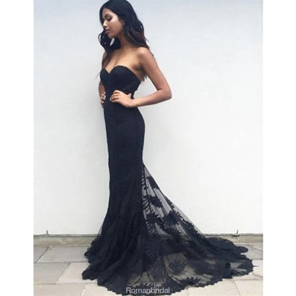 Mermaid Sweetheart Popular Black Lace Long Prom Dresses With Train, PD0540