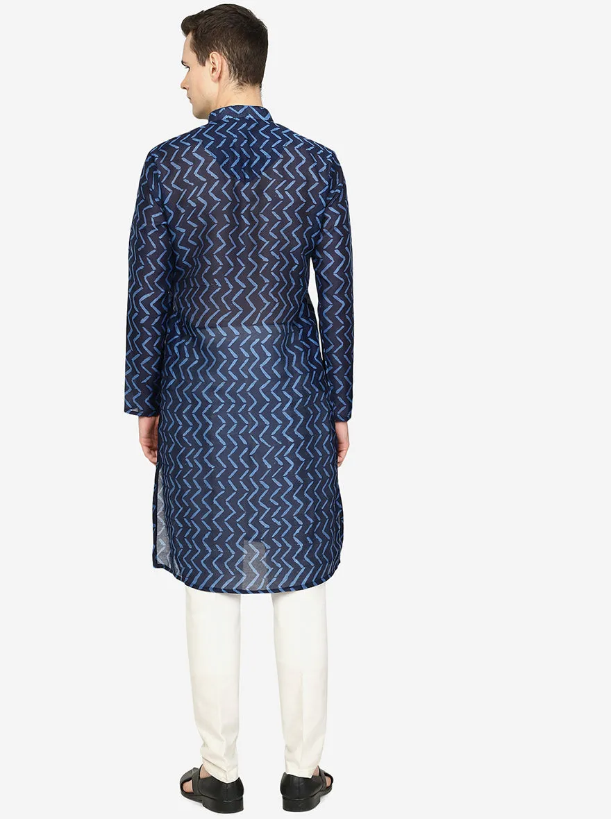 Midnight Blue Printed Silk Blend Kurta | The Kurta Company