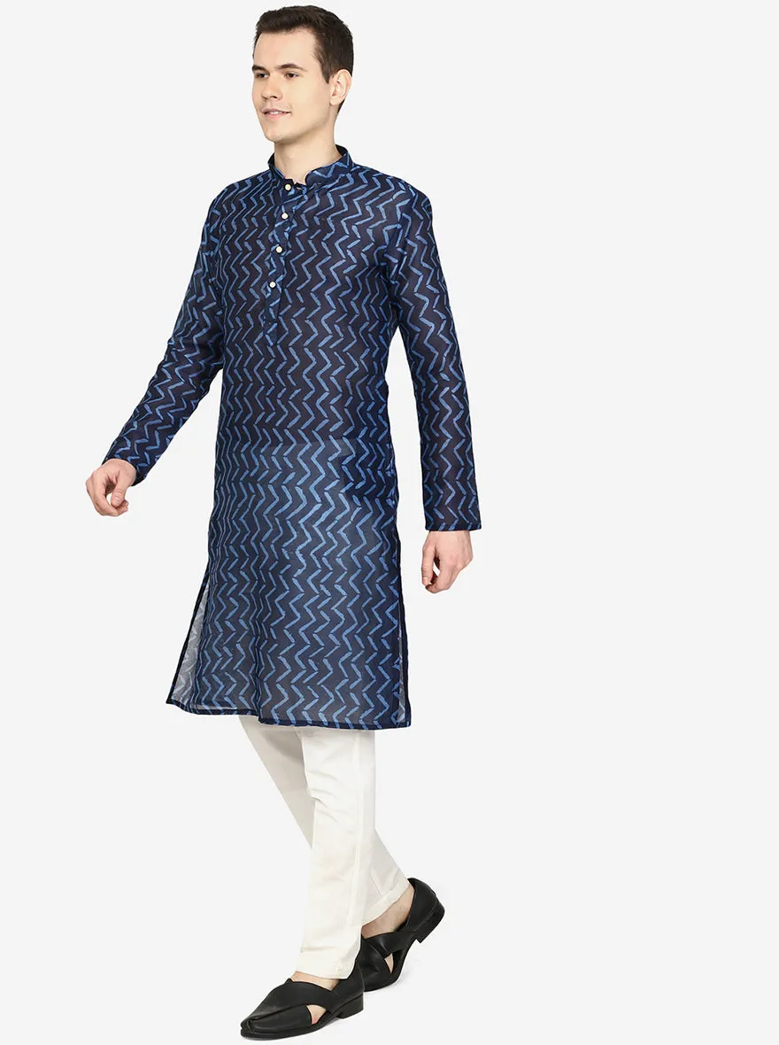 Midnight Blue Printed Silk Blend Kurta | The Kurta Company