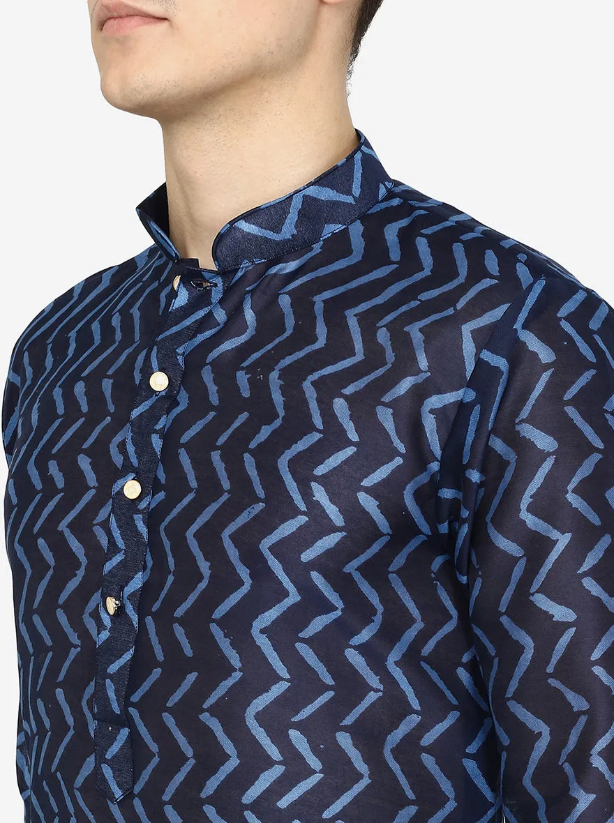 Midnight Blue Printed Silk Blend Kurta | The Kurta Company