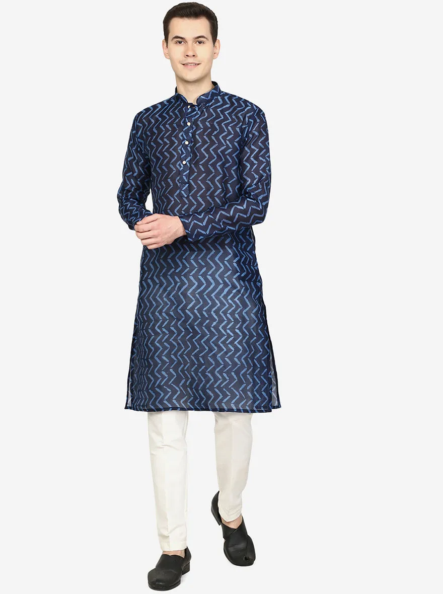 Midnight Blue Printed Silk Blend Kurta | The Kurta Company