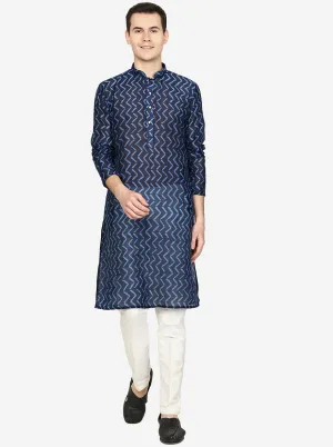 Midnight Blue Printed Silk Blend Kurta | The Kurta Company