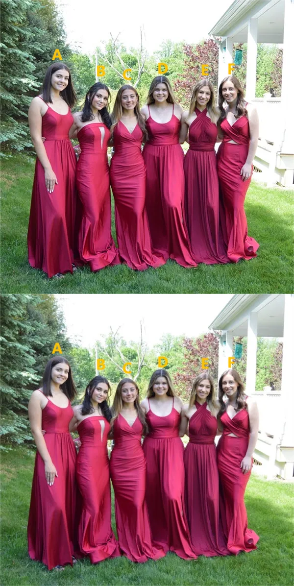 Mismatched Beautiful Red Satin A-Line Floor Length Bridesmaid Dresses, SFWG00427