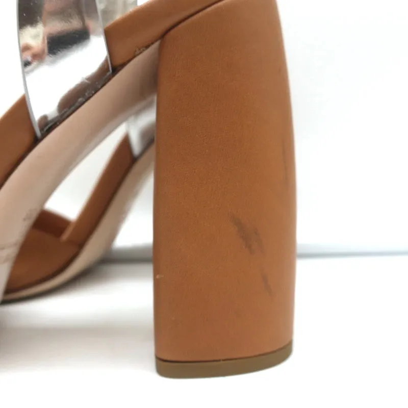 Miu Miu Crystal-Embellished Two Tone Sandals Brown & Silver Leather Size 36