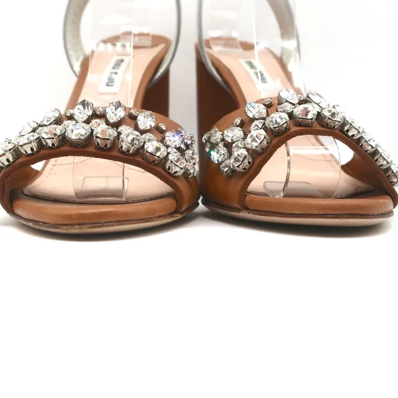 Miu Miu Crystal-Embellished Two Tone Sandals Brown & Silver Leather Size 36