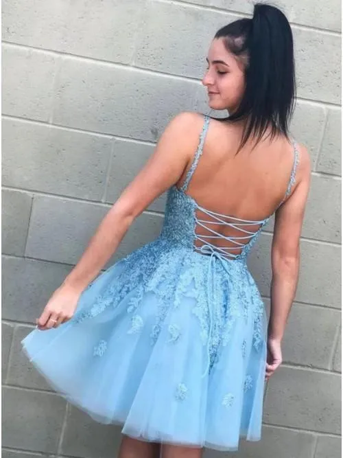 Modest A-Line Blue V-neck Homecoming Dress with Appliques  HD0081