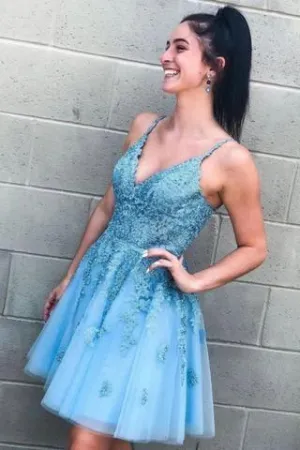 Modest A-Line Blue V-neck Homecoming Dress with Appliques  HD0081