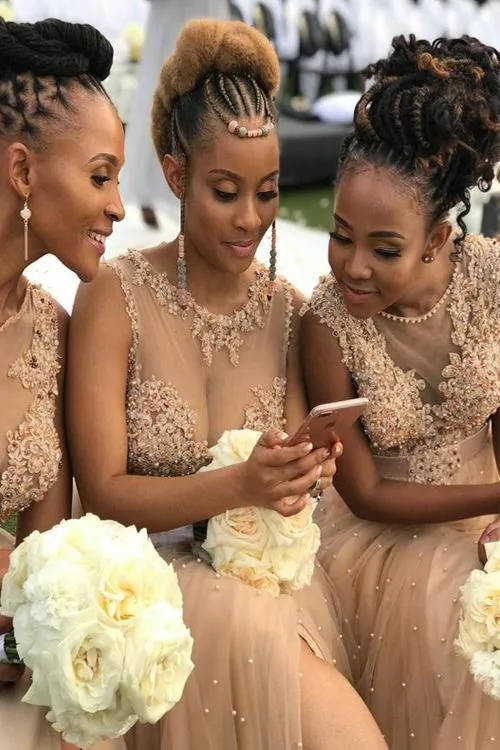 Modest Elegant Popular Affordable Appliques Long Tulle Bridesmaid Dresses with Slit and beads, WG520