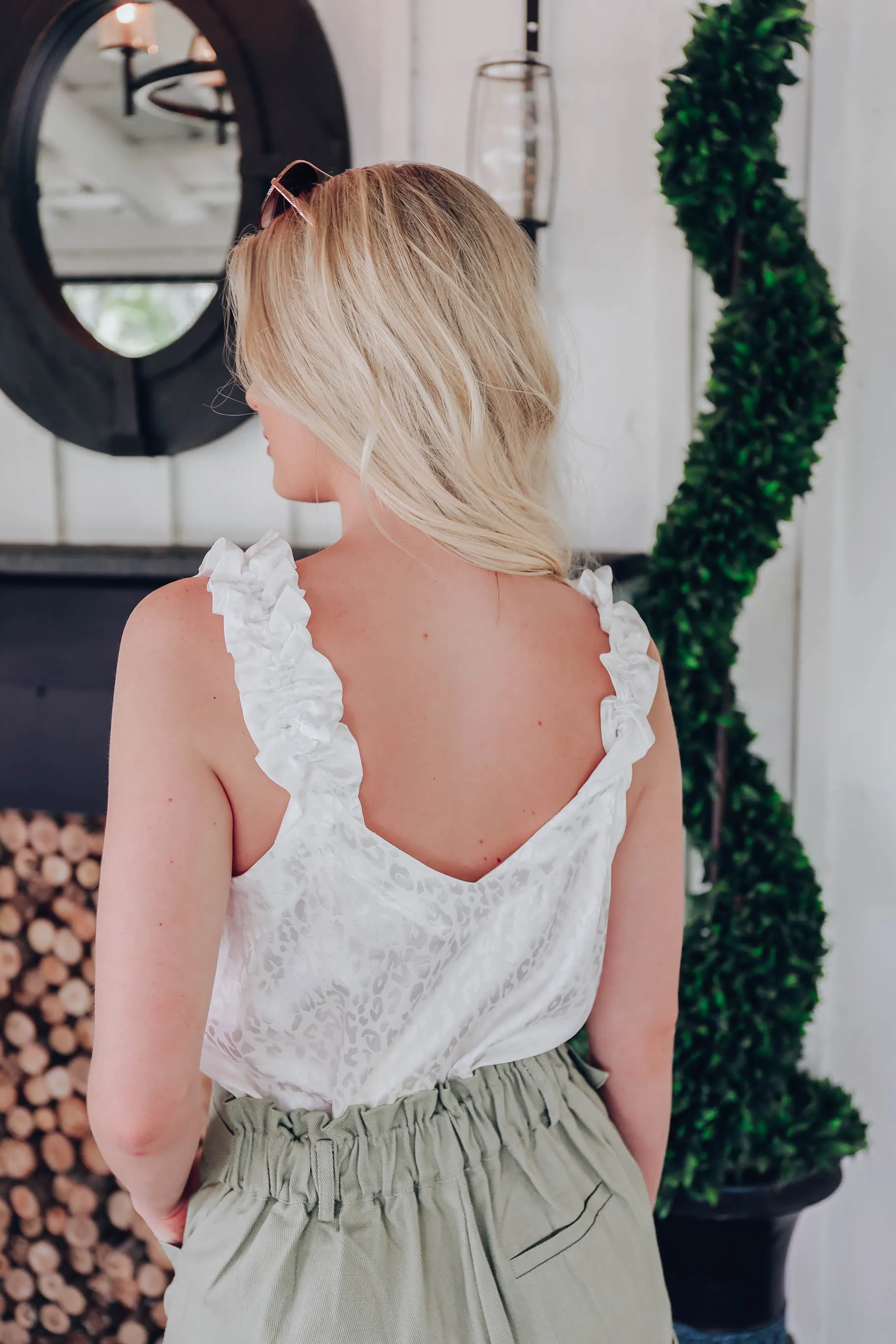 Monochromatic Satin Ruffle Tank - White