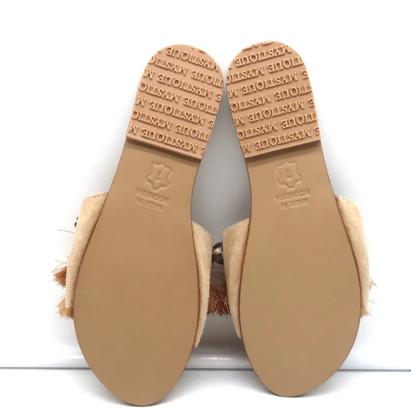 Mystique Shell-Embellished Fringed Slide Sandals Beige Suede Size 7 NEW