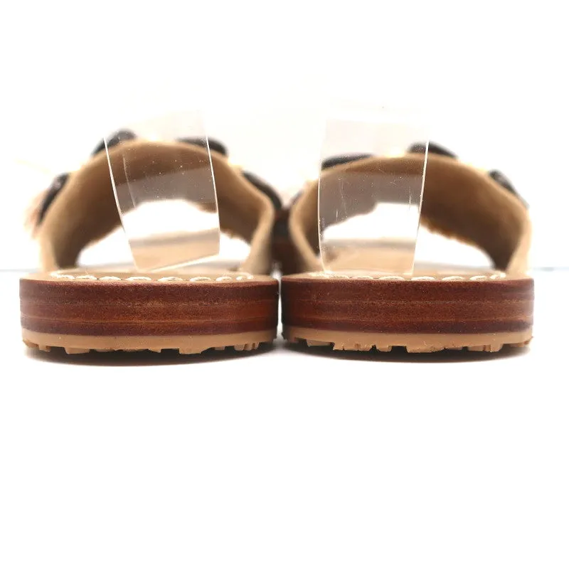 Mystique Shell-Embellished Fringed Slide Sandals Beige Suede Size 7 NEW