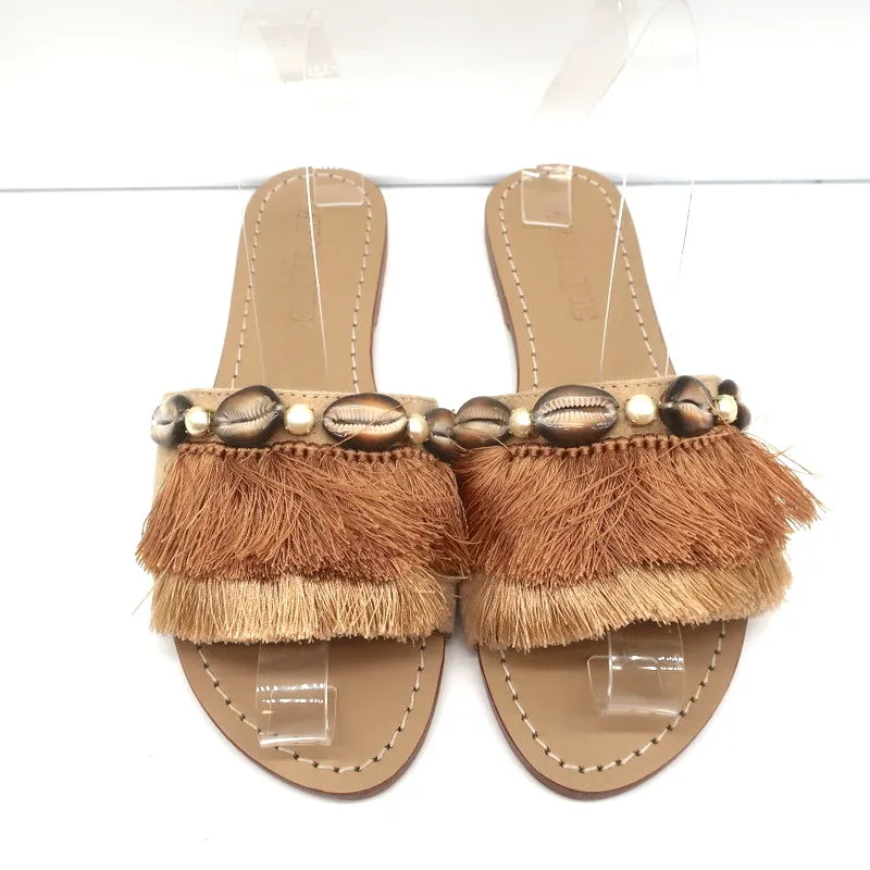 Mystique Shell-Embellished Fringed Slide Sandals Beige Suede Size 7 NEW