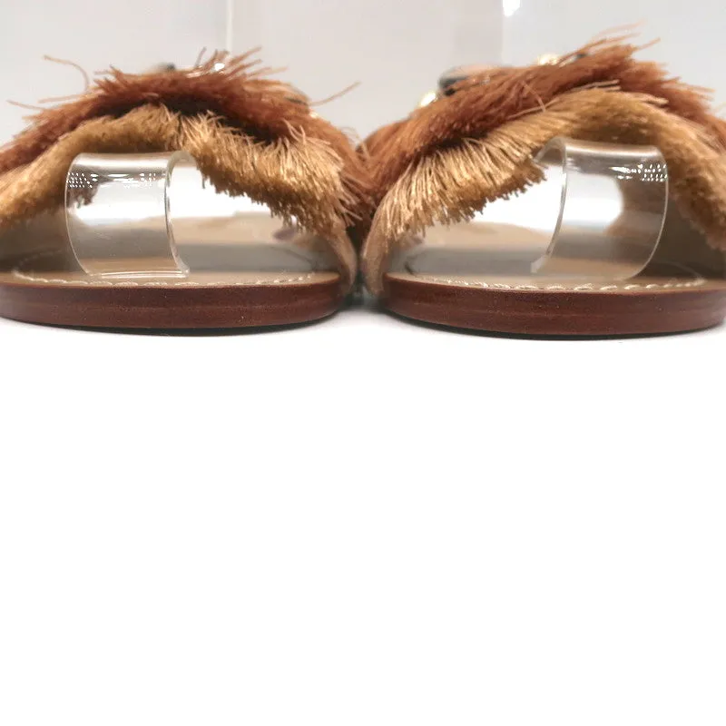 Mystique Shell-Embellished Fringed Slide Sandals Beige Suede Size 7 NEW
