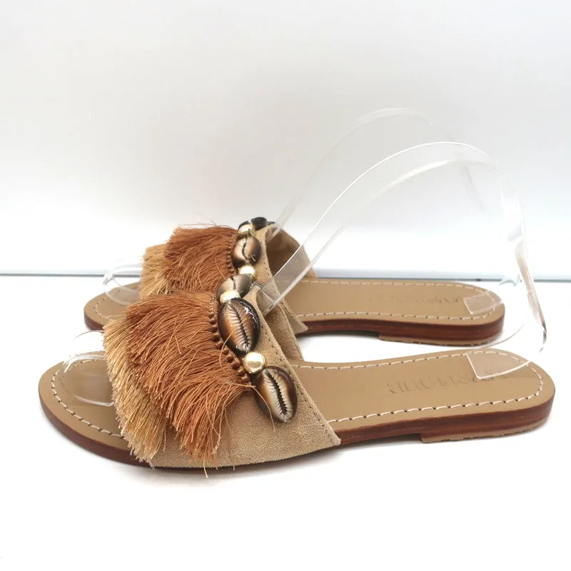 Mystique Shell-Embellished Fringed Slide Sandals Beige Suede Size 7 NEW