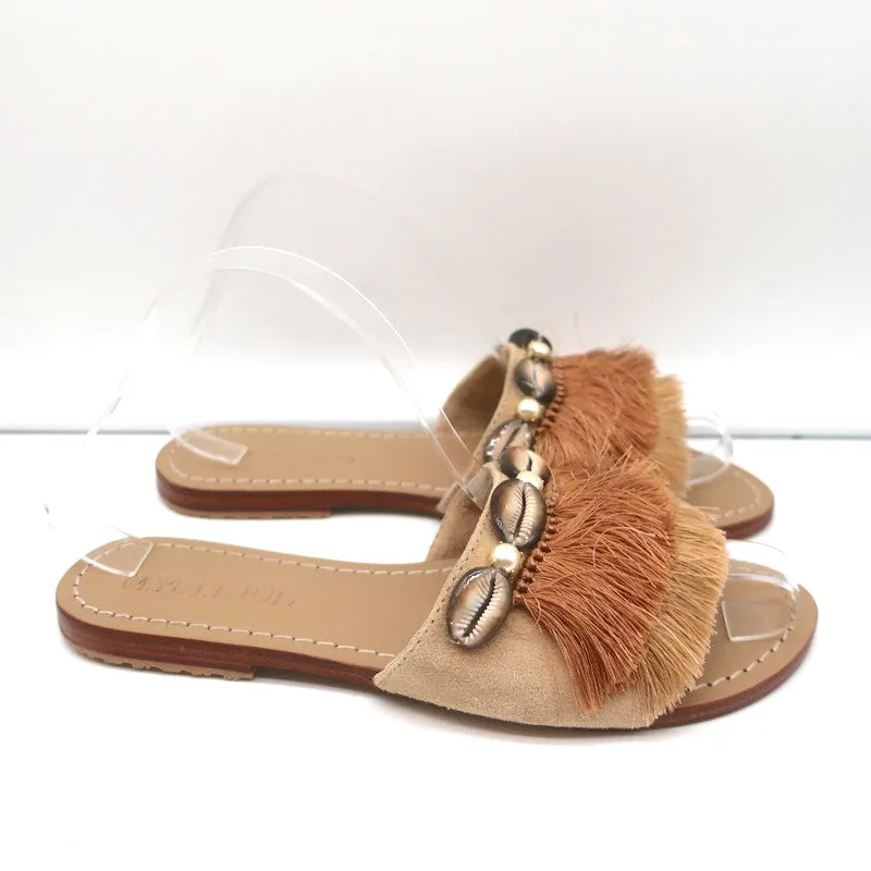Mystique Shell-Embellished Fringed Slide Sandals Beige Suede Size 7 NEW