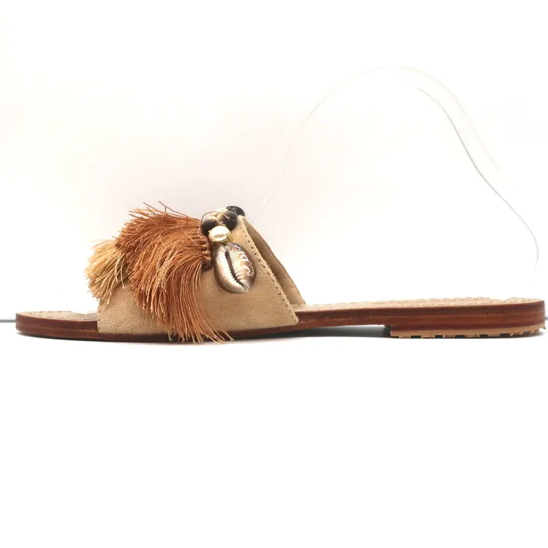 Mystique Shell-Embellished Fringed Slide Sandals Beige Suede Size 7 NEW