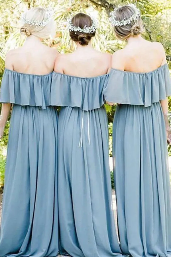 Off Shoulder Ruffles Pleated Chiffon Gray Blue Bridesmaid Dress TY0036