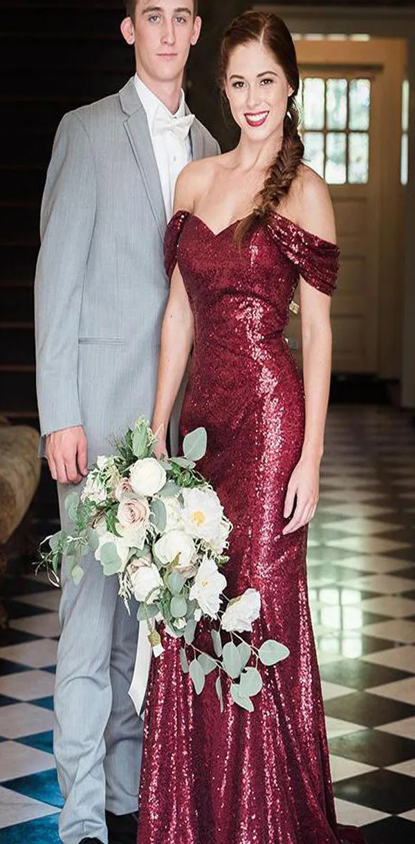 Off the Shoulder Mermaid Sequins Elegant Popular Long Bridesmaid Dresses, WG414