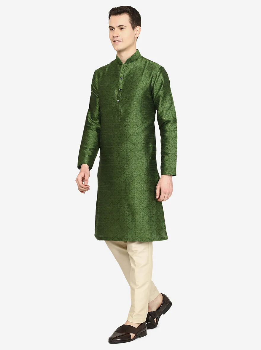 Olive Green Printed Silk Blend Kurta | The Kurta Company