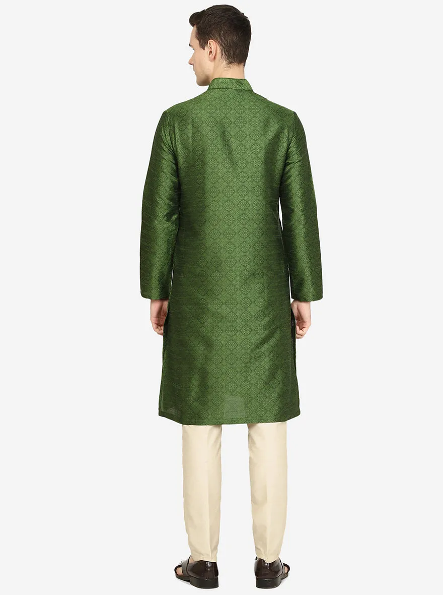 Olive Green Printed Silk Blend Kurta | The Kurta Company