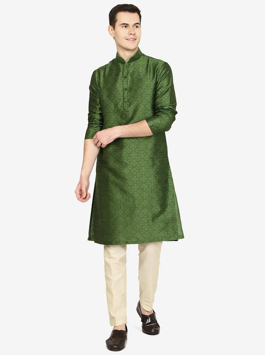 Olive Green Printed Silk Blend Kurta | The Kurta Company
