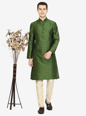 Olive Green Printed Silk Blend Kurta | The Kurta Company