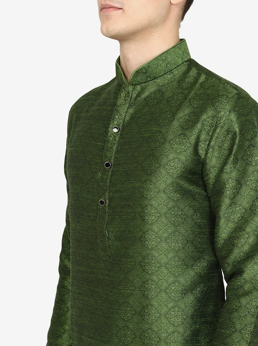Olive Green Printed Silk Blend Kurta | The Kurta Company